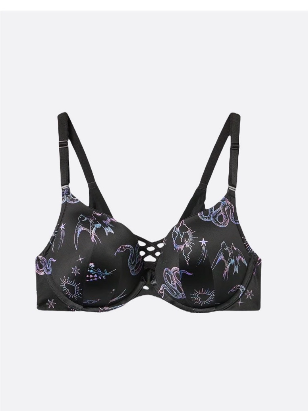 Black Printed Underwire Bra plunge, push-up padding 40DDD